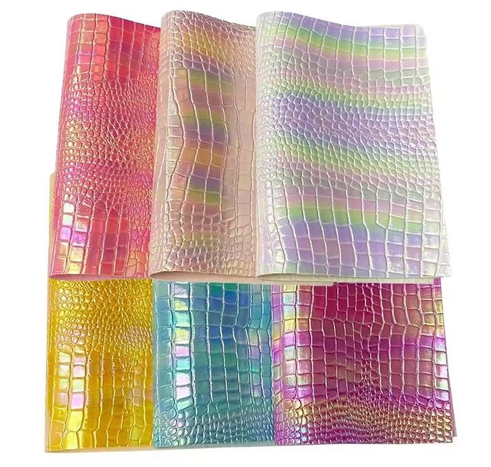 Alligator Skin Upphleypt Shinny Rainbow Litur Glitter Holographic PVC Synthetic