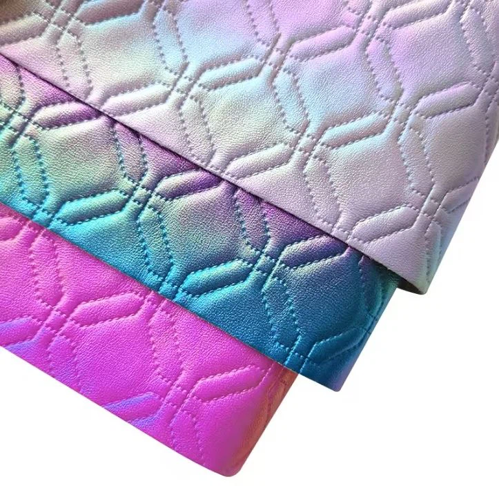 Hexagon Iridescent Design Color Embossed Laser Leather Fabric