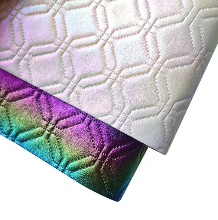 Hexagon Iridescent Design Color Embossed Laser Leather Fabric