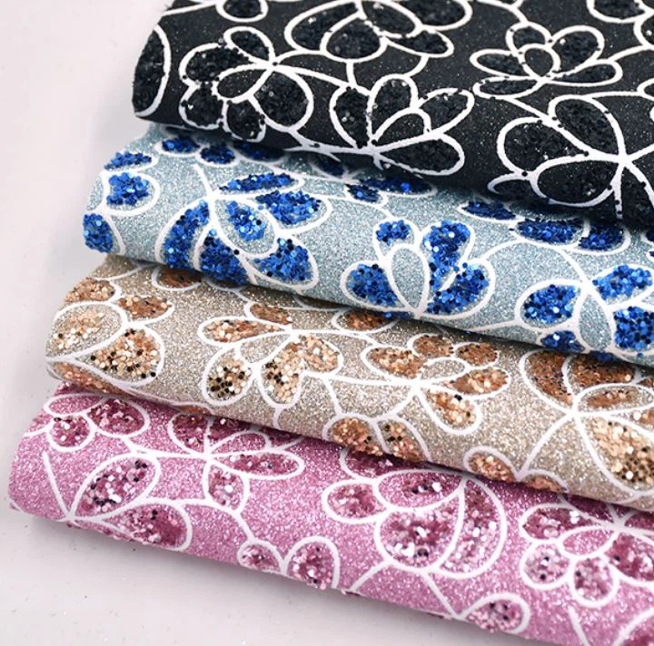 Shiny Flowers Paillette Glitter Pvc tilbúið leður